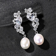 Freshwater Pearl Earrings Dignified Flowers Long S925 Silver Zircon 8-9Mm Pearl  - £36.76 GBP