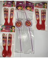 New Dora The Explorer Lot Forks Spoons Straws 6 Forks 6 Spoons 2 Straws - £14.55 GBP