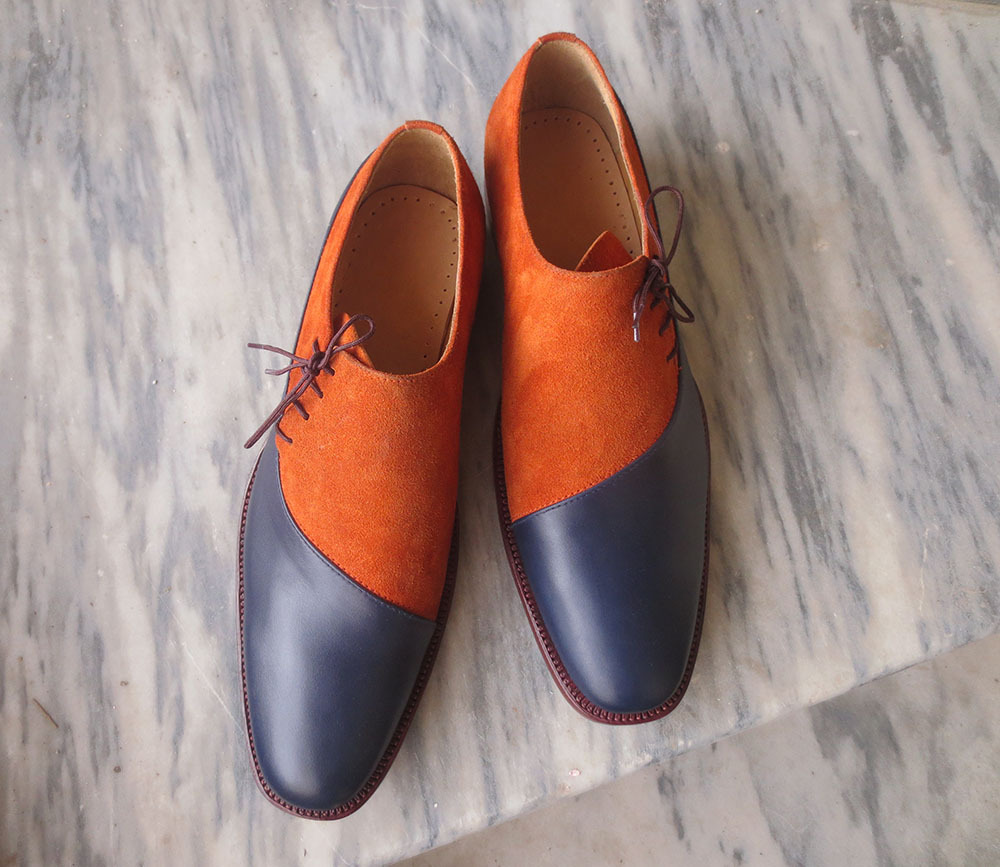 NEW Handmade Side Lace Up Navy Blue Orange Shoes, Men's Formal Leather Suede Sho