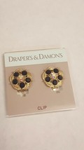 VINTAGE Draper &amp; Damon&#39;s CLIP ON Earrings Rhinestones ONYX Gold-toned metal - £16.51 GBP
