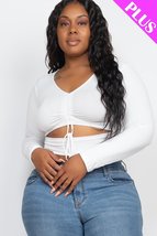 Plus Size White Drawstring Ruched Cutout V Neck Long Sleeve Crop Top - $12.00