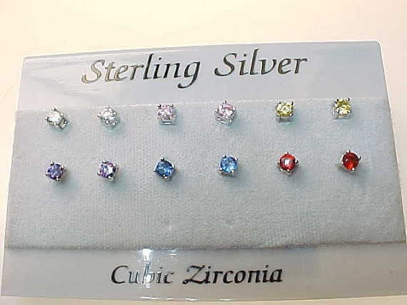CUBIC ZIRCONIA Stud Earrings in STERLING Silver - 6 pairs - Multi Colors - £43.96 GBP