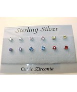 CUBIC ZIRCONIA Stud Earrings in STERLING Silver - 6 pairs - Multi Colors - £44.23 GBP