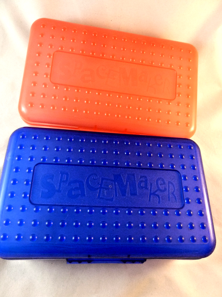 2 Vintage 2-Tone Plastic SpaceMaker Space Maker Pencil Box blue &amp; red - $15.93