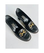 FERRAGAMO Sz 6.5 Black Leather Buckle Heeled Slip On Loafer Round Toe Shoes - $2,617.58 MXN