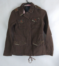 Miss Me Studded Jeweled Frayed Stitched Embroidered Brown Denim Jacket Small - £30.34 GBP
