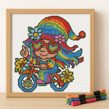 Hippie Bicycle Cross Stitch Pattern – Rainbow Peace &amp; Love Embroidery PDF - $4.99