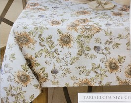 Printed Linen Tablecloth 60&quot;x84Oblong,SUNFLOWERS &amp; BIRDS,CALM COUNTRY ON... - £19.70 GBP