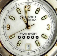 Caravelle by Bulova 5Star Date WR Tachymeter 2Tone Slim Glo New Batt Wom... - £50.67 GBP