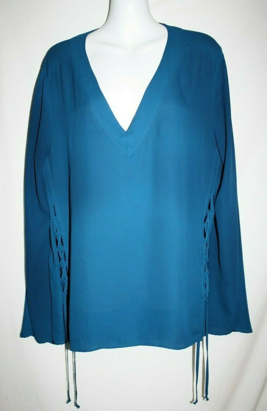 New York &amp; Company Misses LARGE Dark Teal Blue Top Blouse Hi Lo Lace Up ... - $9.95