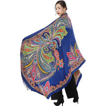 Anyyou 100% Merino Wool Royal Blue Silk Satin Large Winter Scarf Pashmina Shawl - £68.04 GBP