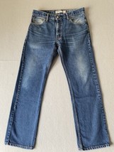 Levis 505 Jeans 33x30 Blue Denim Whisker Straight Leg Distressing Tag 33x32 - $22.64