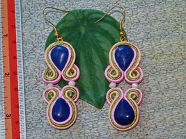 Handmade Soutache Organic Flower Earrings Earrings - 2 Tier - Lapis Blue, Pink - £18.38 GBP