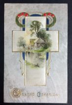 Easter Greetings Embossed Cross Postcard c1910s Winsch Back Textured Scenic View - £7.92 GBP