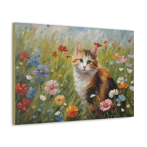 Cat And Wildflowers Wall Art Canvas Gallery Wrap Print 30x20 Inches - £90.14 GBP