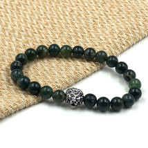 Natural Moss Agate &amp; Lion 8 mm Bead 7.5&quot; Stretch Bracelet TSB-79 - £9.25 GBP