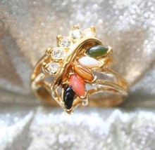 Elegant 5 Gemstone &amp; Crystal Rhinestone Gold-tone Ring 1970s vintage   s... - $17.95