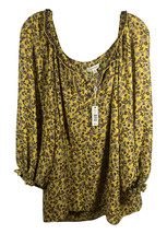 Max Studio Womens Yellow Floral Long Sleeve Button Neck Blouse Plus Size 2X - £21.13 GBP