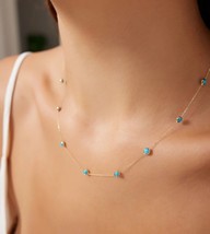 1Ct Lab-Created Turquoise Station Necklace Bezel Set in 14K Yellow Gold Over 925 - £82.54 GBP