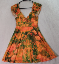 Urban Outfitters Fit &amp; Flare Dress Womens XS Green Orange Floral Pleated V Neck - £17.95 GBP