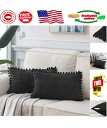 Set of 2 Black Corduroy Lumbar Pillow Covers with Pom-Poms - Elegant Decor - €24,46 EUR