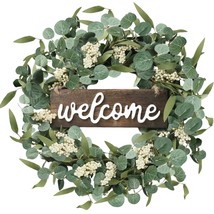 Green Artificial Eucalyptus Wreath With Welcome Sign 20In Spring Summer ... - £30.63 GBP