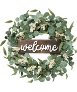 Green Artificial Eucalyptus Wreath With Welcome Sign 20In Spring Summer ... - £30.80 GBP