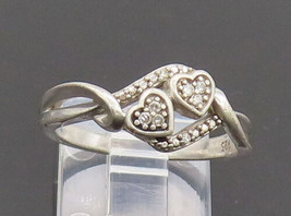 925 Sterling Silver - Vintage Swirly Hearts Inlay Diamonds Ring Sz 7 - R... - $71.74