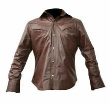 S&quot; Men&#39;s Real Leather Shirt Military Style Pocket Biker Brown Schwarz - $49.99
