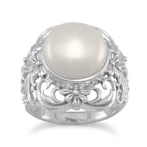 Sterling Silver Ornate Cultured Freshwater Pearl  Ring - £51.12 GBP