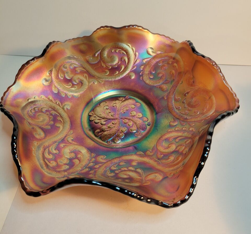 Fenton Carnival Glass Serpent Pattern Ruffled Bowl Marigold - $65.00