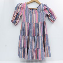 Bonnie Jean Girls Linen Blend Tiered Striped Dress 7 Puff Sleeve Flowy Blue Pink - £22.63 GBP