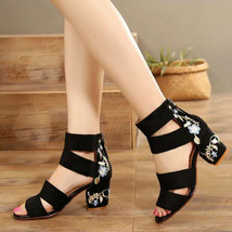 Ethnic Style Embroidered Mid-heel Sandals Women Summer All-match Thick Heel Eleg - £28.86 GBP