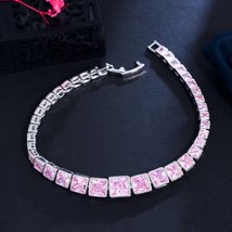 Classic Tennis Chain Silver Plated Elegant Gorgeous Square Pink Cubic Zirconia E - £17.22 GBP