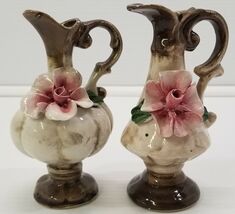 C) Vintage Set of 2 Mini Capodimonte Rose Floral Jugs Vases 5" tall - $14.84