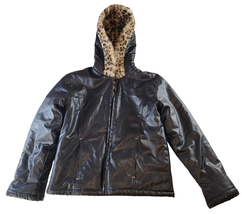 Girl&#39;s Leather Jacket Coat Leopard Print Fleece Lining 14-16 Reversible Zipper - £37.36 GBP