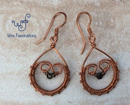 Handmade copper earrings: Teardrop with weave and garnet glass drop beads - £23.98 GBP