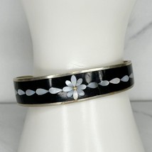 Vintage Silver Tone Mother of Pearl Shell Flower Inlay Cuff Bracelet - £15.82 GBP