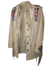 Mens Western Cowboy Beige Suede Leather Fringe Bones Beaded Jacket BEJ108 - £127.13 GBP