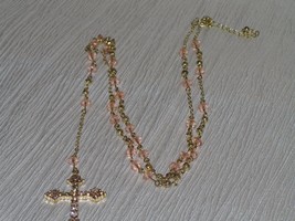 Estate Long Goldtone Chain with Pink Plastic Beads &amp; Large Rhinestone CROSS Pend - £8.11 GBP