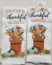2 Same Kitchen Towels (14&quot;x24&quot;) Pumpkins &amp; Flowers, Grateful,Thankful,Blessed,Dg - £9.46 GBP