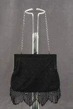 Vintage Metal Frame Black Satin Mourning Evening Purse Beaded Metallic Fringe - £41.50 GBP