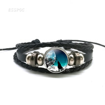 1 PCS Fashion Accessories Wolf and Full Moon Black Button Leather Bracelet Jewel - £10.04 GBP