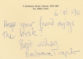 Barbara Trapido - hand written card signed. British novelist - $20.00
