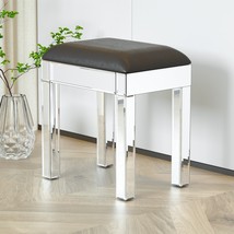 Mirrored Vanity Stool Makeup Bench with Pu Leather - Silver - £110.43 GBP