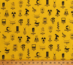 Science Inventions Scientists Inventors Yellow Cotton Fabric Print BTY D578.48 - £9.40 GBP