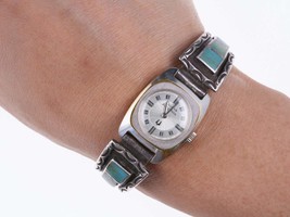 Vintage Ladies Sterling/Turquoise Native American watch bracelet with Bulova Acc - £112.88 GBP