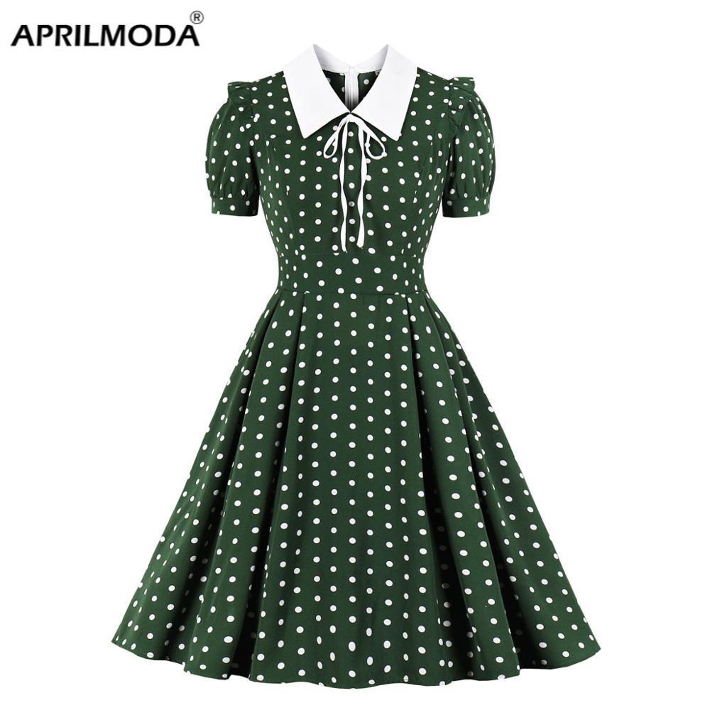 Vintage Retro 50s 60s Polka Dots Printed Short Sleeve Turn Down Collar Rockabill
