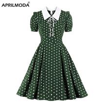 Reen vintage retro 50s 60s women dress polka dots printed short sleeve turn down collar thumb200
