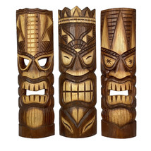20 Inch Carved Wood Tiki God Masks Tropical Beach Hawaiian Home Decor Set of 3 - £52.35 GBP